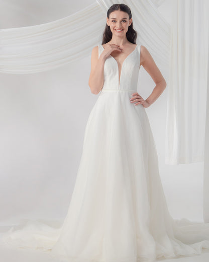 Double Deep V-Neck Wedding Gown with Removable Cathedral Train | Briderful