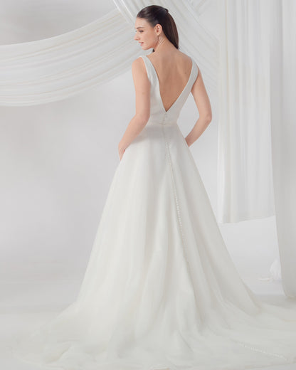 Double Deep V-Neck Wedding Gown with Removable Cathedral Train | Briderful - back