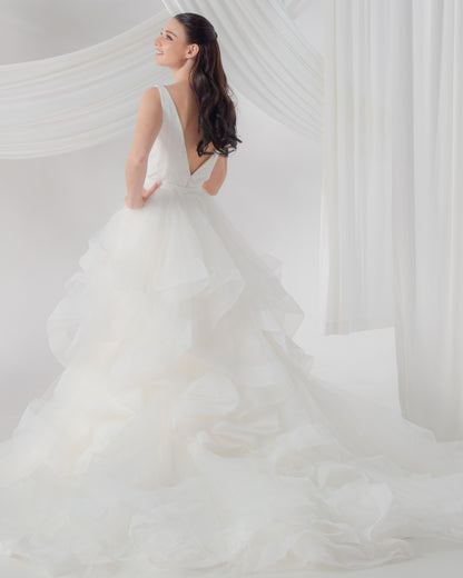 Double Deep V-Neck Wedding Gown with Removable Cathedral Train | Briderful - with cover up