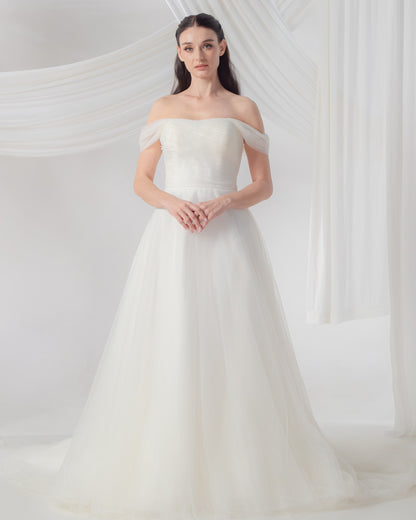 Off-the-Shoulder A-Line Wedding Gown with Pockets & Flowing Sleeves | Briderful