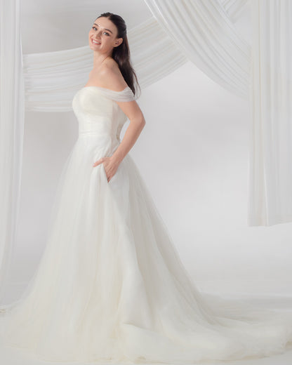 Off-the-Shoulder A-Line Wedding Gown with Pockets & Flowing Sleeves | Briderful - side