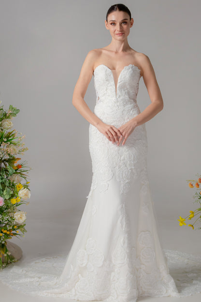 Deep V-Neck Trumpet Wedding Gown with Side Cutouts & Floral Lace | Briderful