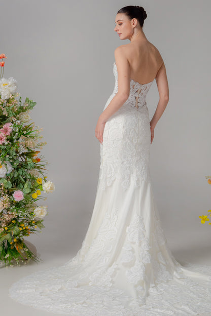 Deep V-Neck Trumpet Wedding Gown with Side Cutouts & Floral Lace | Briderful - back