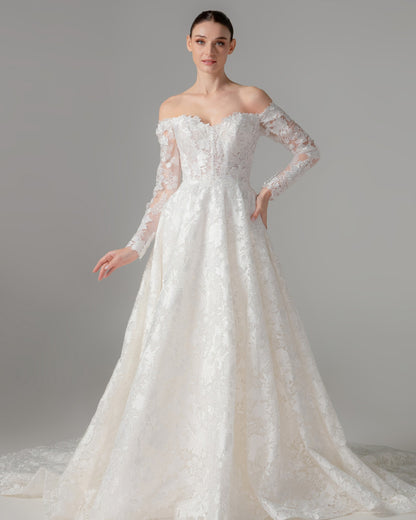 Off-the-Shoulder Long Sleeve Lace Ball Gown with Cathedral Train | Briderful