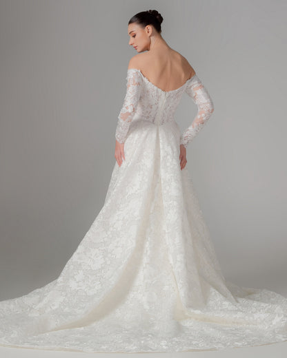 Off-the-Shoulder Long Sleeve Lace Ball Gown with Cathedral Train | Briderful - back