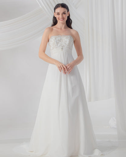 Beaded Slashed Neckline Drop-Waist Wedding Gown in Airy Tulle | Briderful