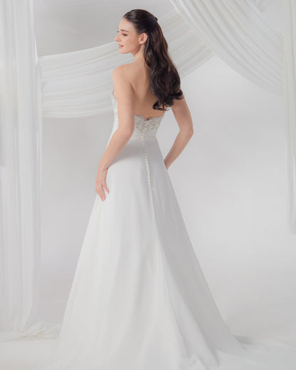 Beaded Slashed Neckline Drop-Waist Wedding Gown in Airy Tulle | Briderful - back