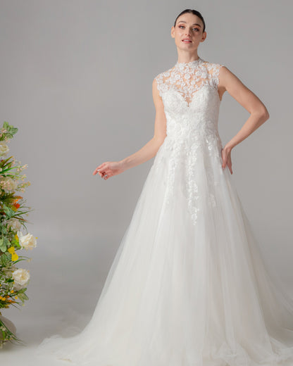 High Neck Off-the-Shoulder Lace & Satin A-Line Gown | Briderful