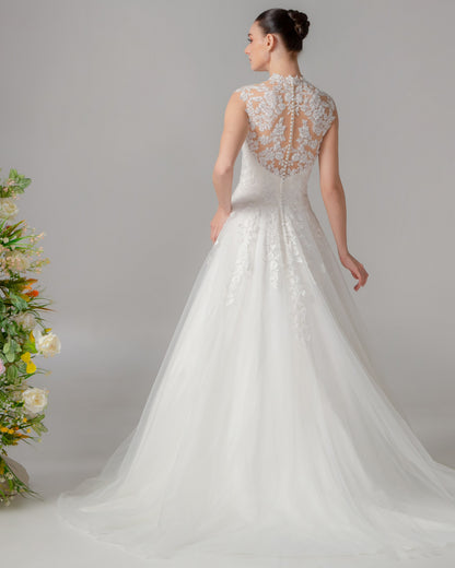 High Neck Off-the-Shoulder Lace & Satin A-Line Gown | Briderful - back