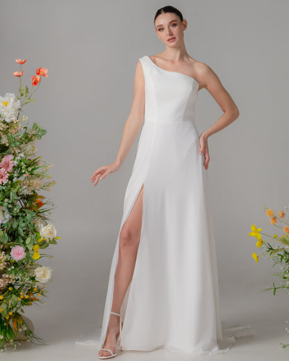 Asymmetrical Mikado & Chiffon Gown with Removable Train | Briderful