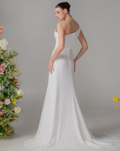 Asymmetrical Mikado & Chiffon Gown with Removable Train | Briderful - back