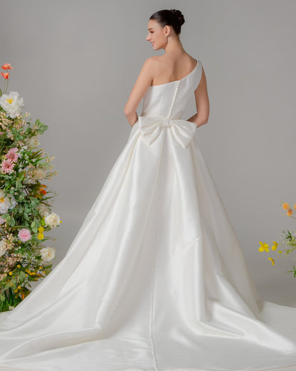 Asymmetrical Mikado & Chiffon Gown with Removable Train | Briderful - with cover up
