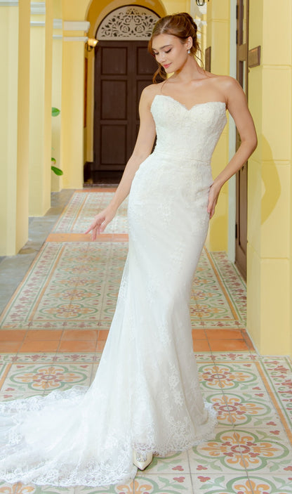 Beaded Lace & Satin Fit-and-Flare Gown with Spaghetti Straps | Briderful