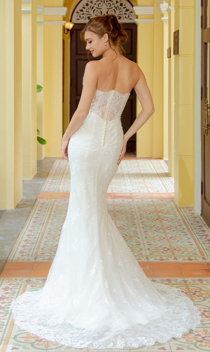 Beaded Lace & Satin Fit-and-Flare Gown with Spaghetti Straps | Briderful - back