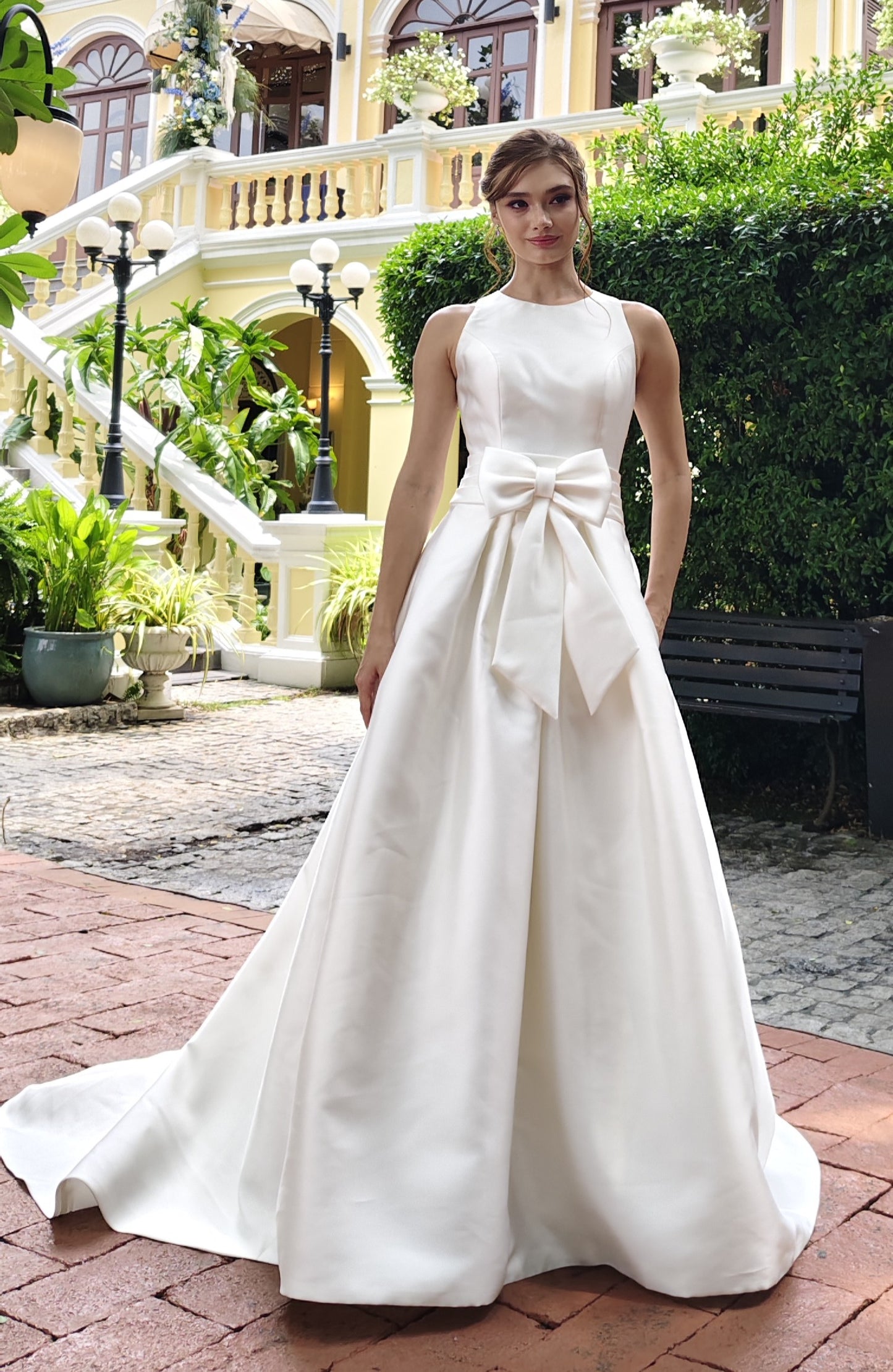 Minimalist Mikado A-Line Wedding Gown with Sculpted Bow | Briderful