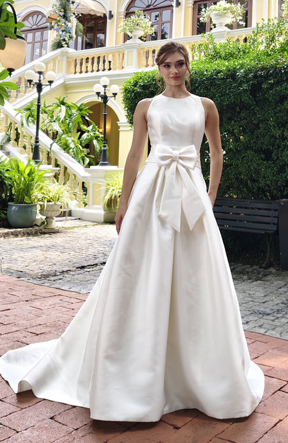 Minimalist Mikado A-Line Wedding Gown with Sculpted Bow | Briderful