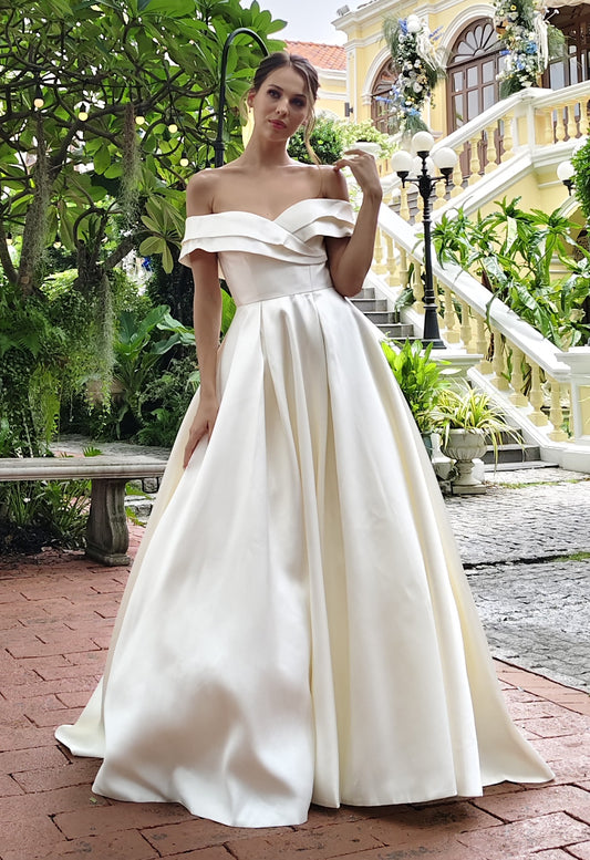 Structured Off-the-Shoulder Satin A-Line Gown with Pleated Skirt | Briderful