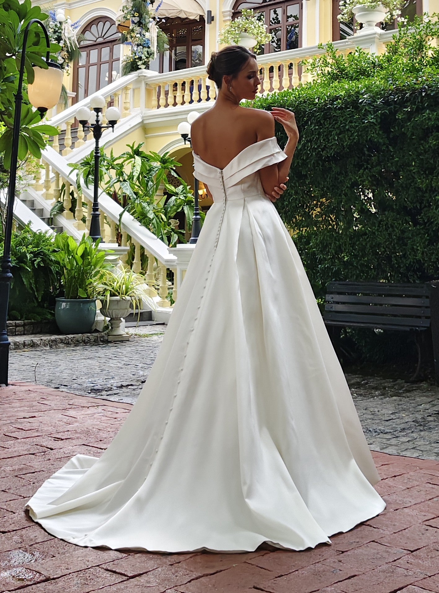 Structured Off-the-Shoulder Satin A-Line Gown with Pleated Skirt | Briderful - back