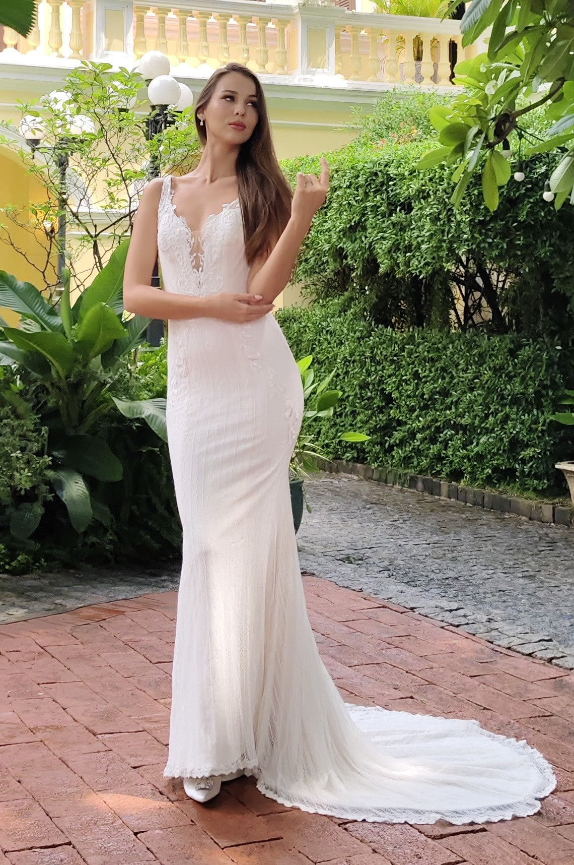 Breathable Cotton-Blend Fit-and-Flare Wedding Gown with Plunging V-Neck | Briderful