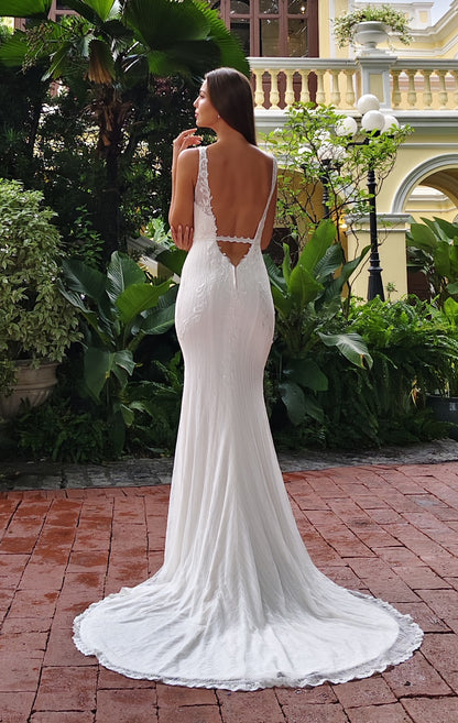 Breathable Cotton-Blend Fit-and-Flare Wedding Gown with Plunging V-Neck | Briderful - back