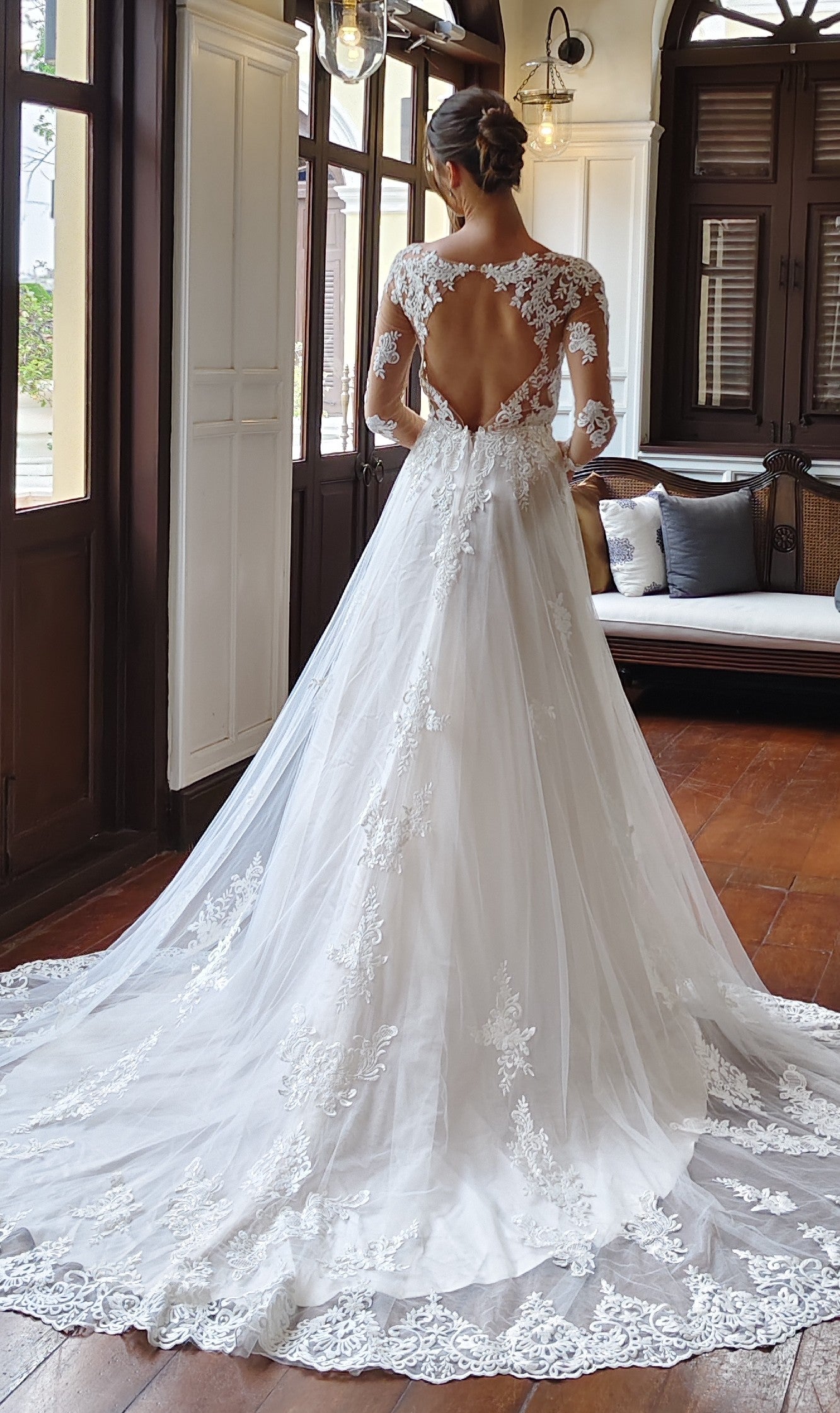 Illusion Long Sleeve Lace Ball Gown with Open Back | Briderful - back