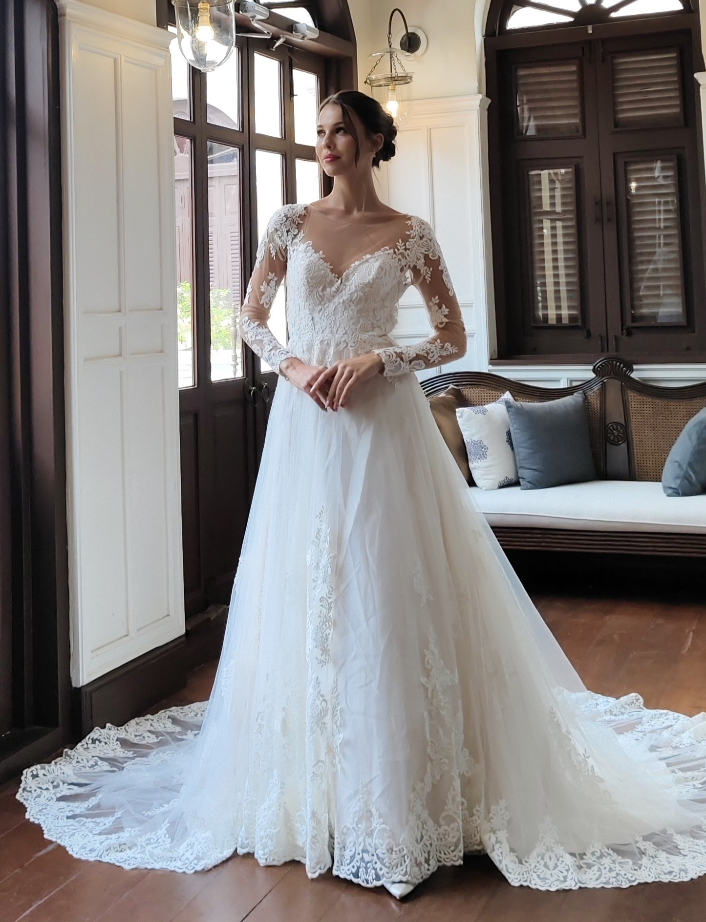 Illusion Long Sleeve Lace Ball Gown with Open Back | Briderful