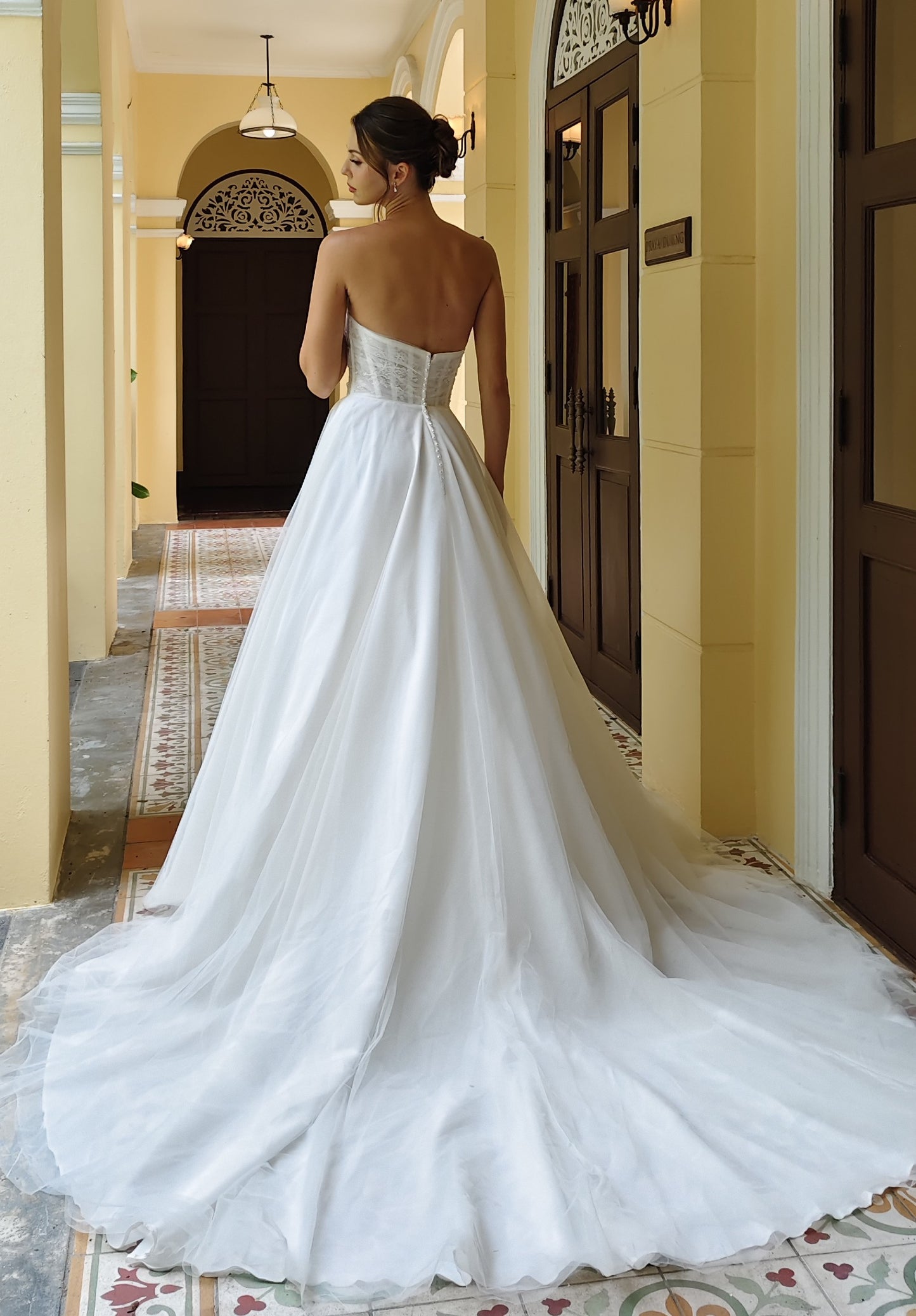 Lace Corset Off-the-Shoulder Wedding Gown in Airy Chiffon | Briderful - back