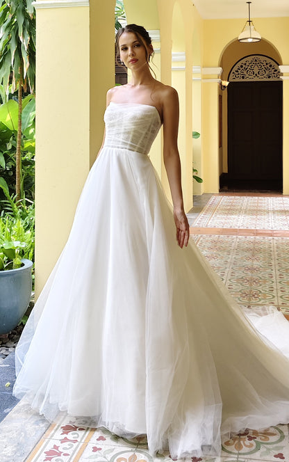 Lace Corset Off-the-Shoulder Wedding Gown in Airy Chiffon | Briderful