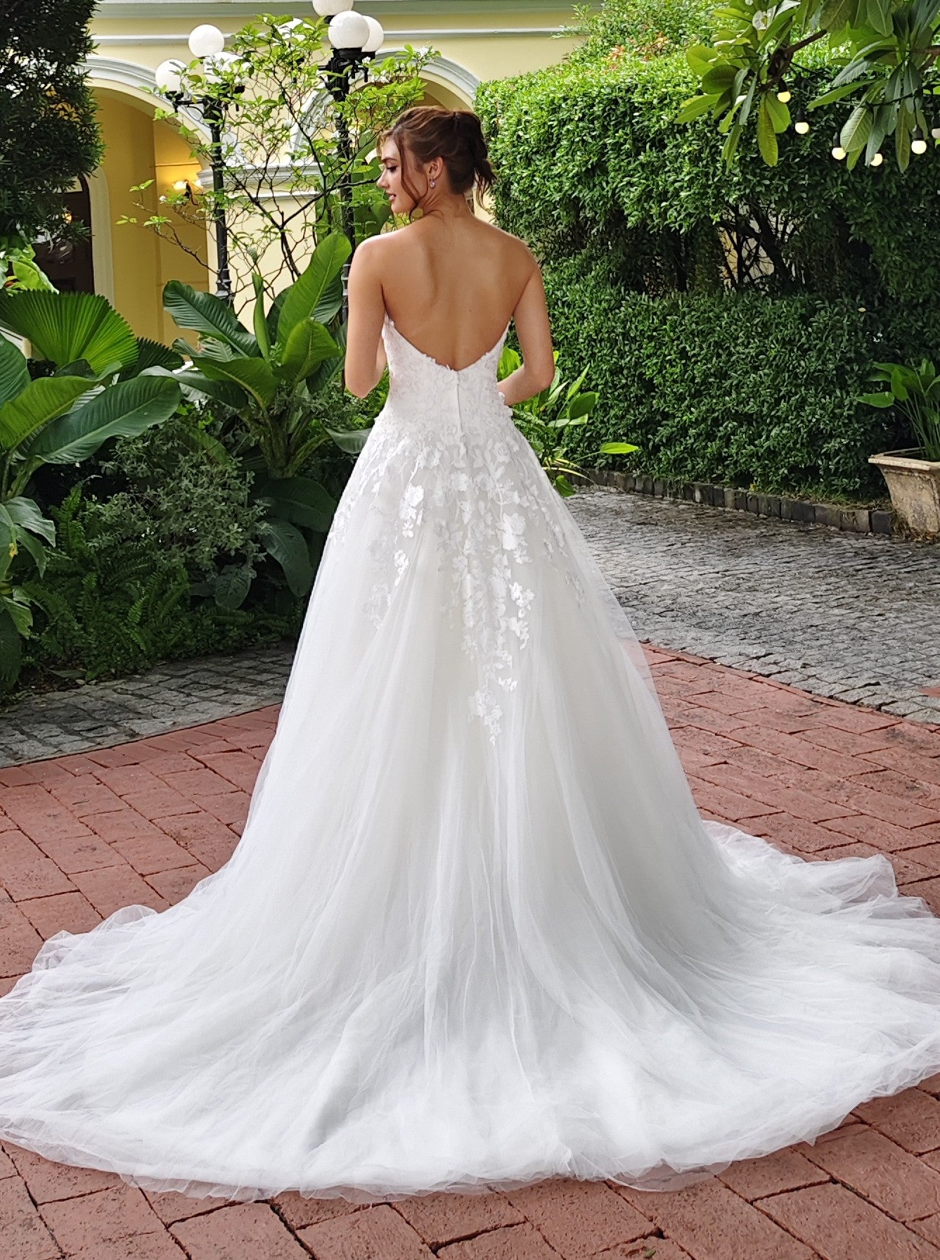 Beaded Lace Off-the-Shoulder A-Line Gown with Structured Bodice | Briderful - back