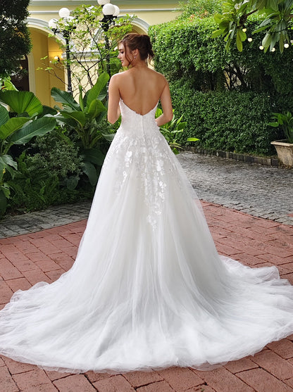 Beaded Lace Off-the-Shoulder A-Line Gown with Structured Bodice | Briderful - back