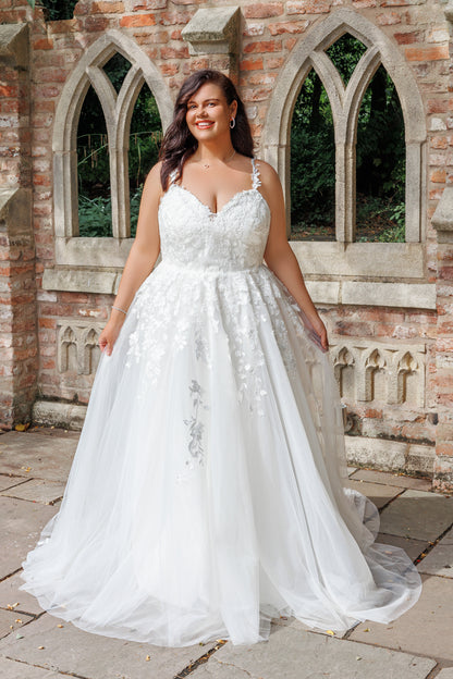 Deep V-Neck Lace A-Line Wedding Gown with Spaghetti Straps | Briderful