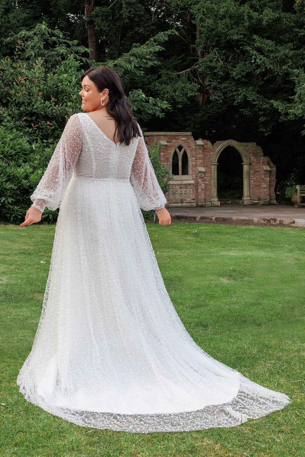 Long Sleeve Lace A-Line Wedding Gown with Front Split | Briderful - back
