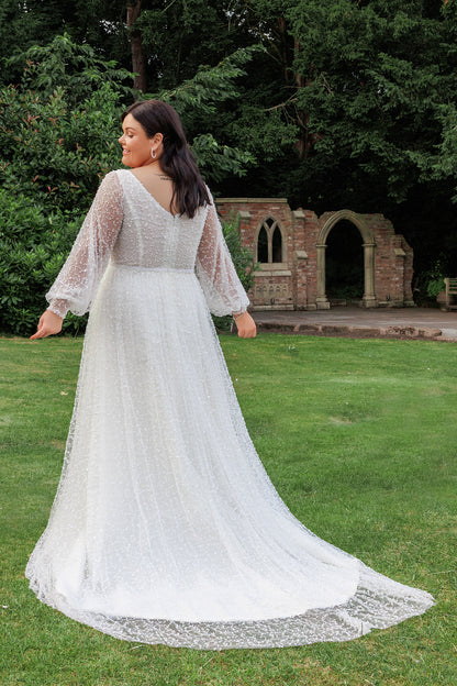 Long Sleeve Lace A-Line Wedding Gown with Front Split | Briderful - back
