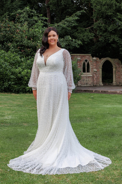 Long Sleeve Lace A-Line Wedding Gown with Front Split | Briderful