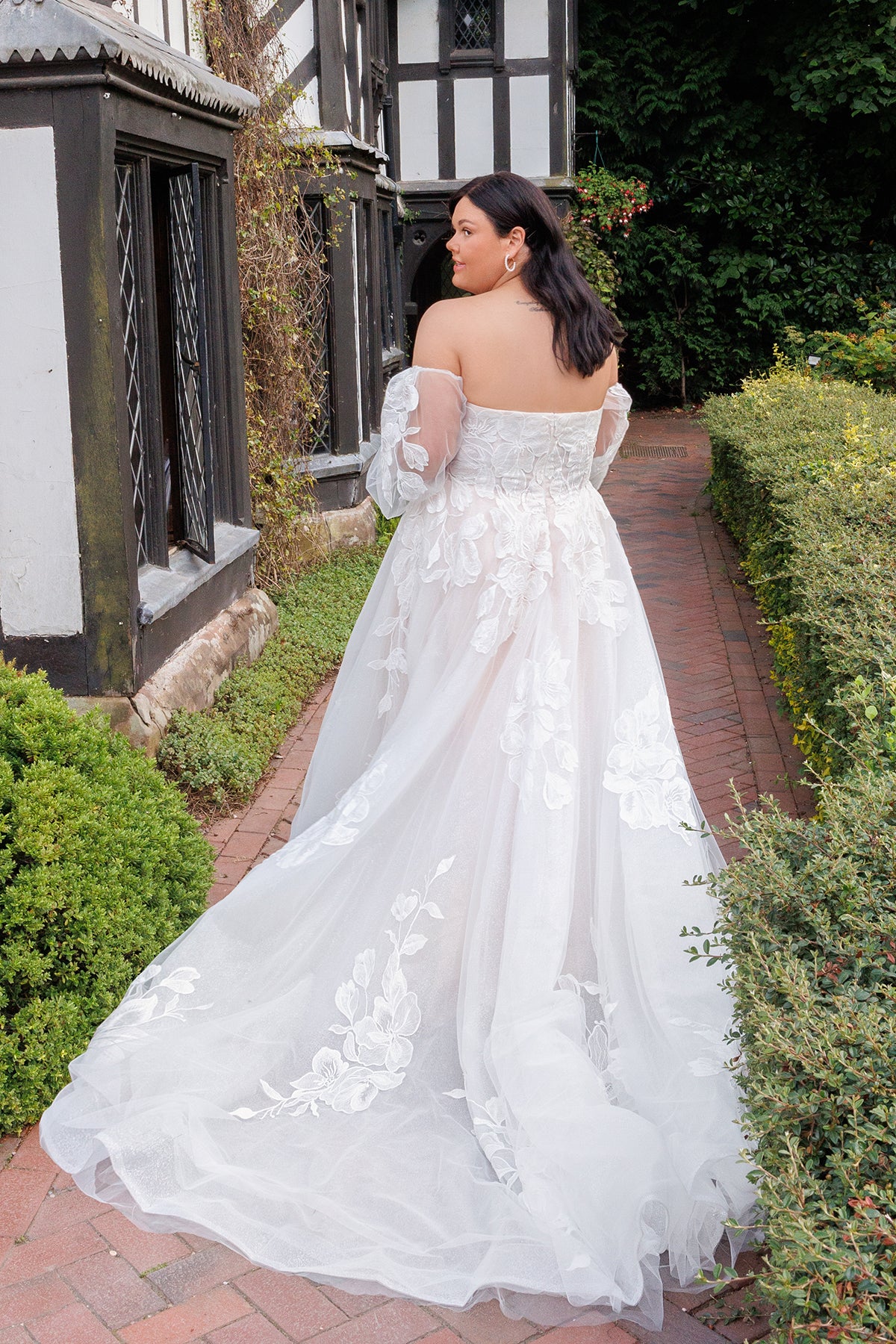 Off-the-Shoulder Lace A-Line Gown with Detached Sleeves | Briderful - back