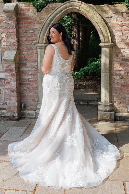 Square Neckline Lace Trumpet Wedding Gown with Tulle Skirt | Briderful - back