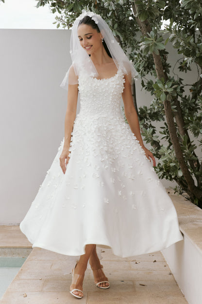 Mikado Tea-Length Wedding Dress with 3D Floral Appliqués | Briderful