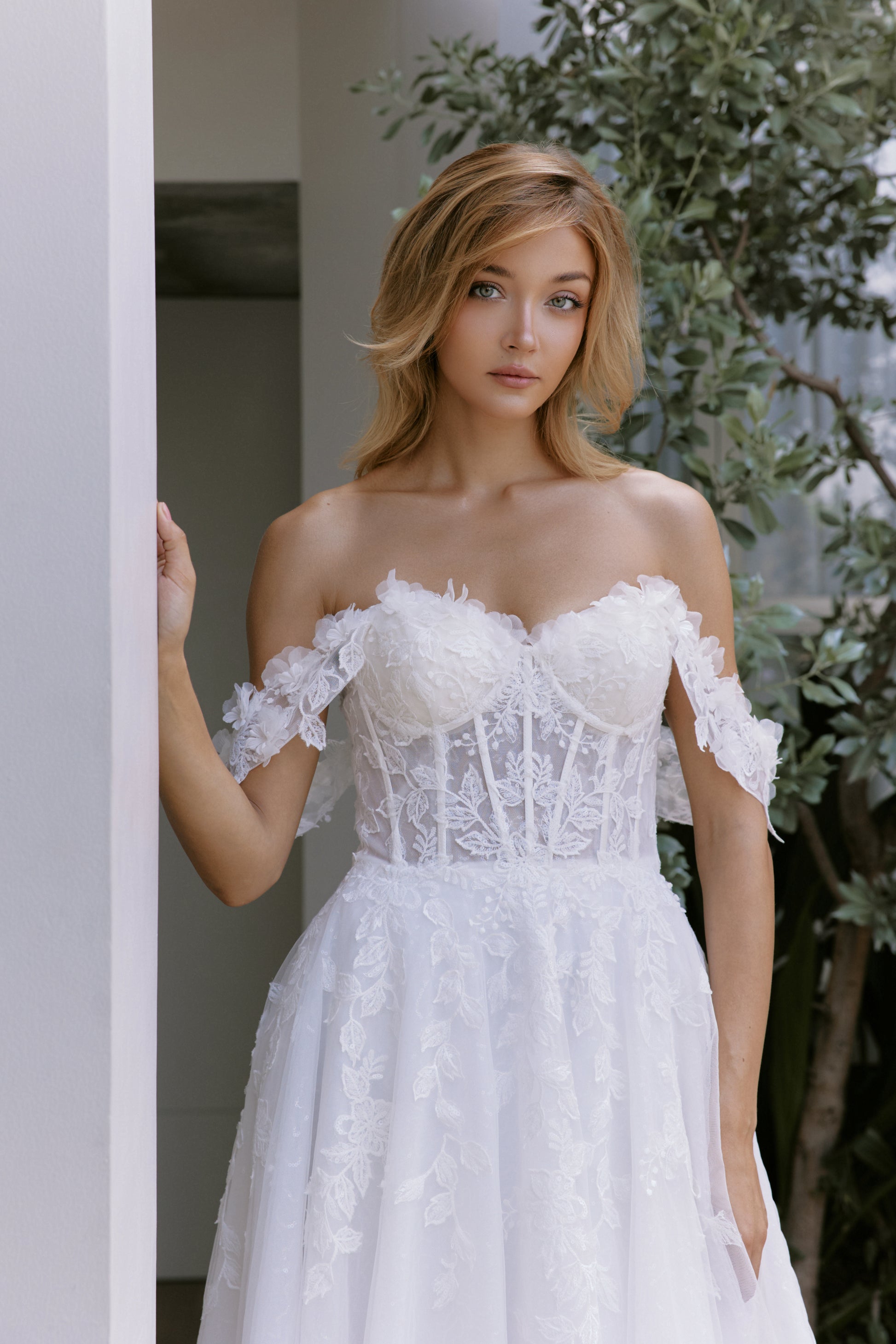Off-the-Shoulder Floral Lace A-Line Gown with Sheer Corset | Briderful - fabric