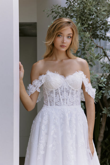 Off-the-Shoulder Floral Lace A-Line Gown with Sheer Corset | Briderful - fabric
