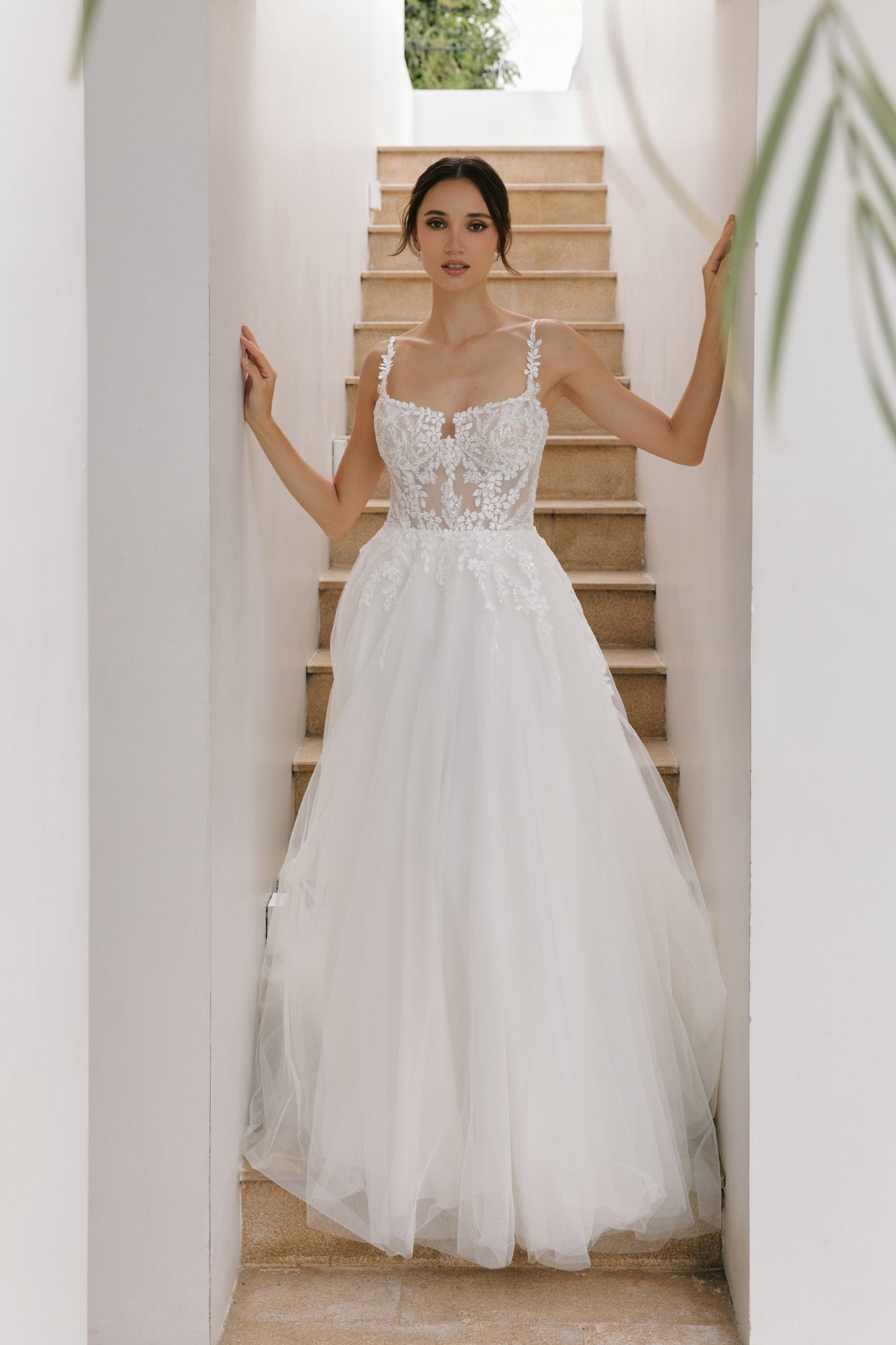 Modern Square Neckline Lace A-Line Wedding Gown | Briderful