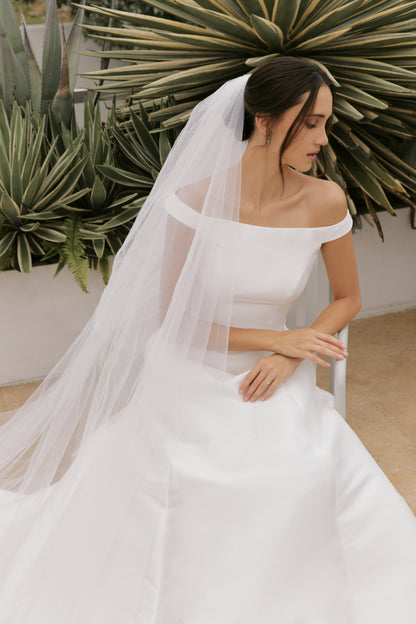 Minimalist Mikado A-Line Wedding Gown with Slashed Neckline | Briderful - mikado fabric