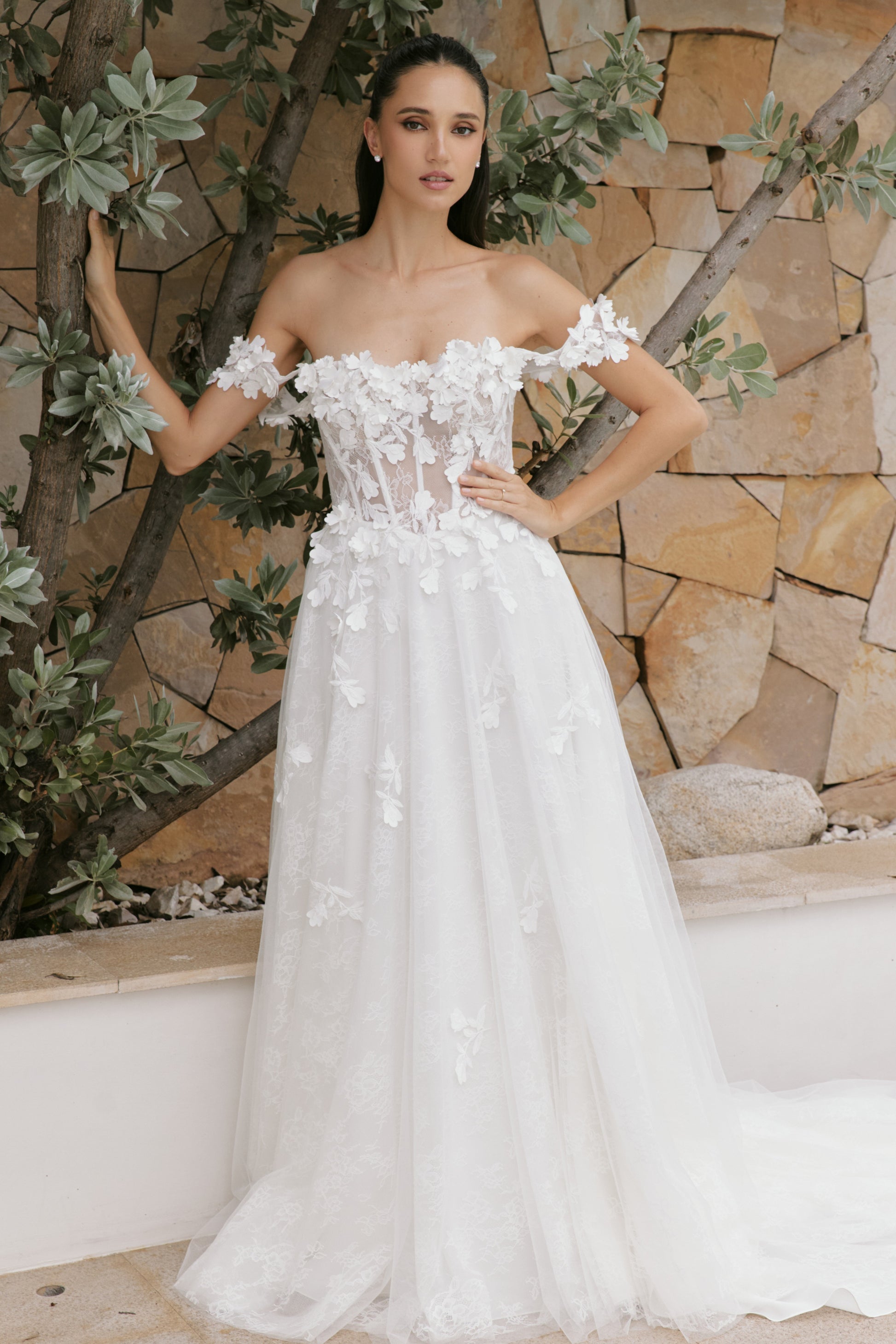 Floral Lace A-Line Wedding Gown with Scoop Neckline | Briderful