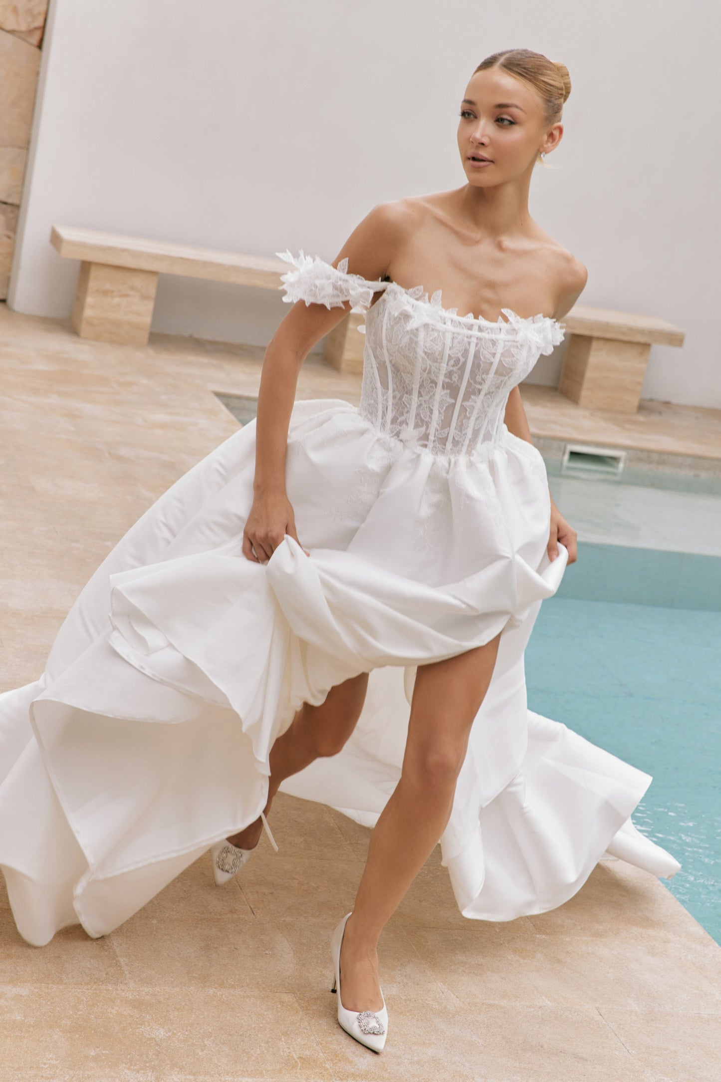 3D Floral Appliqué Strapless A-Line Wedding Gown | Briderful - fabric
