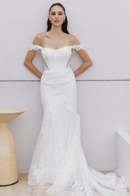 Off-the-Shoulder Lace Mermaid Wedding Gown | Briderful