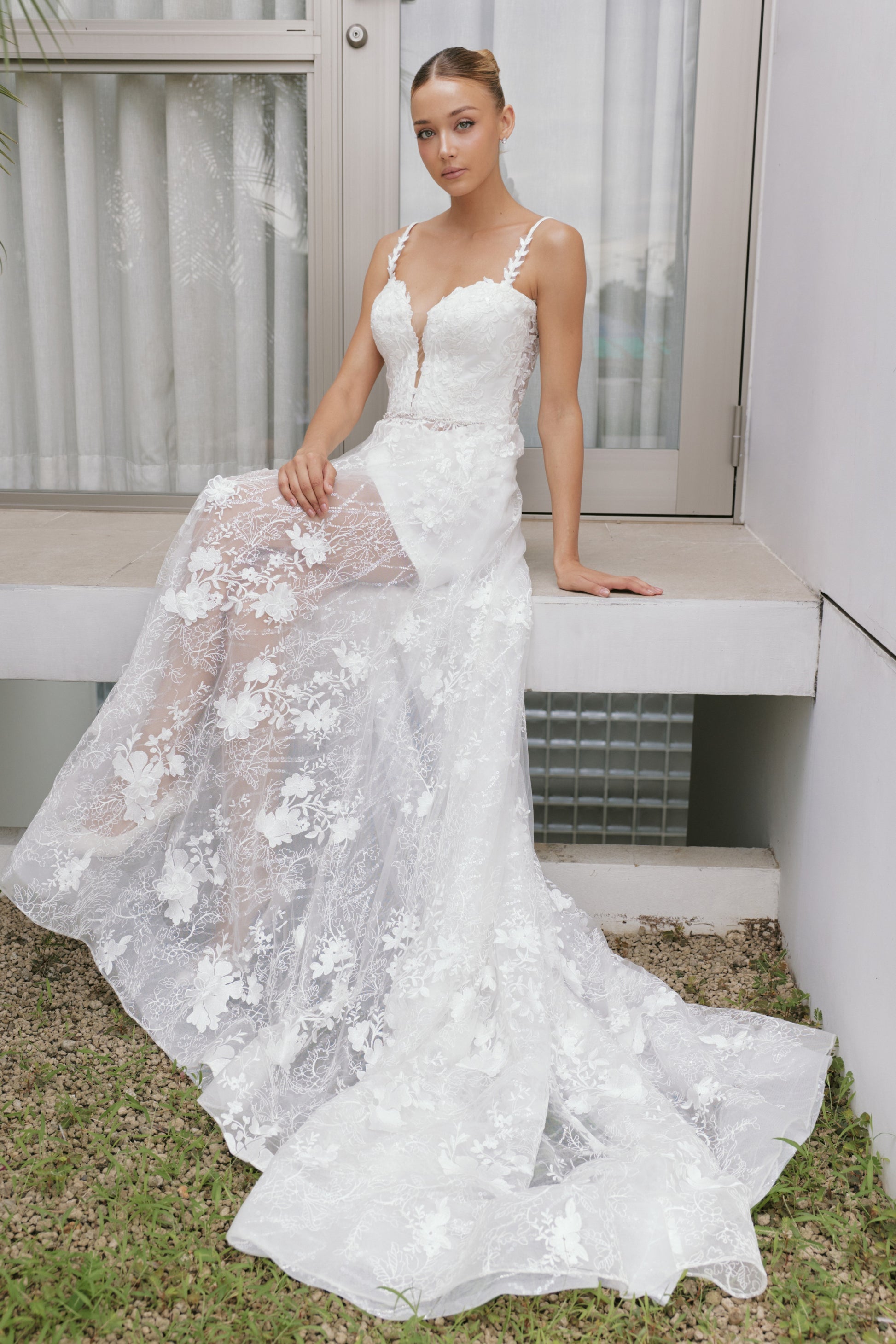 Lace Open-Back Wedding Gown with Delicate Spaghetti Straps | Briderful