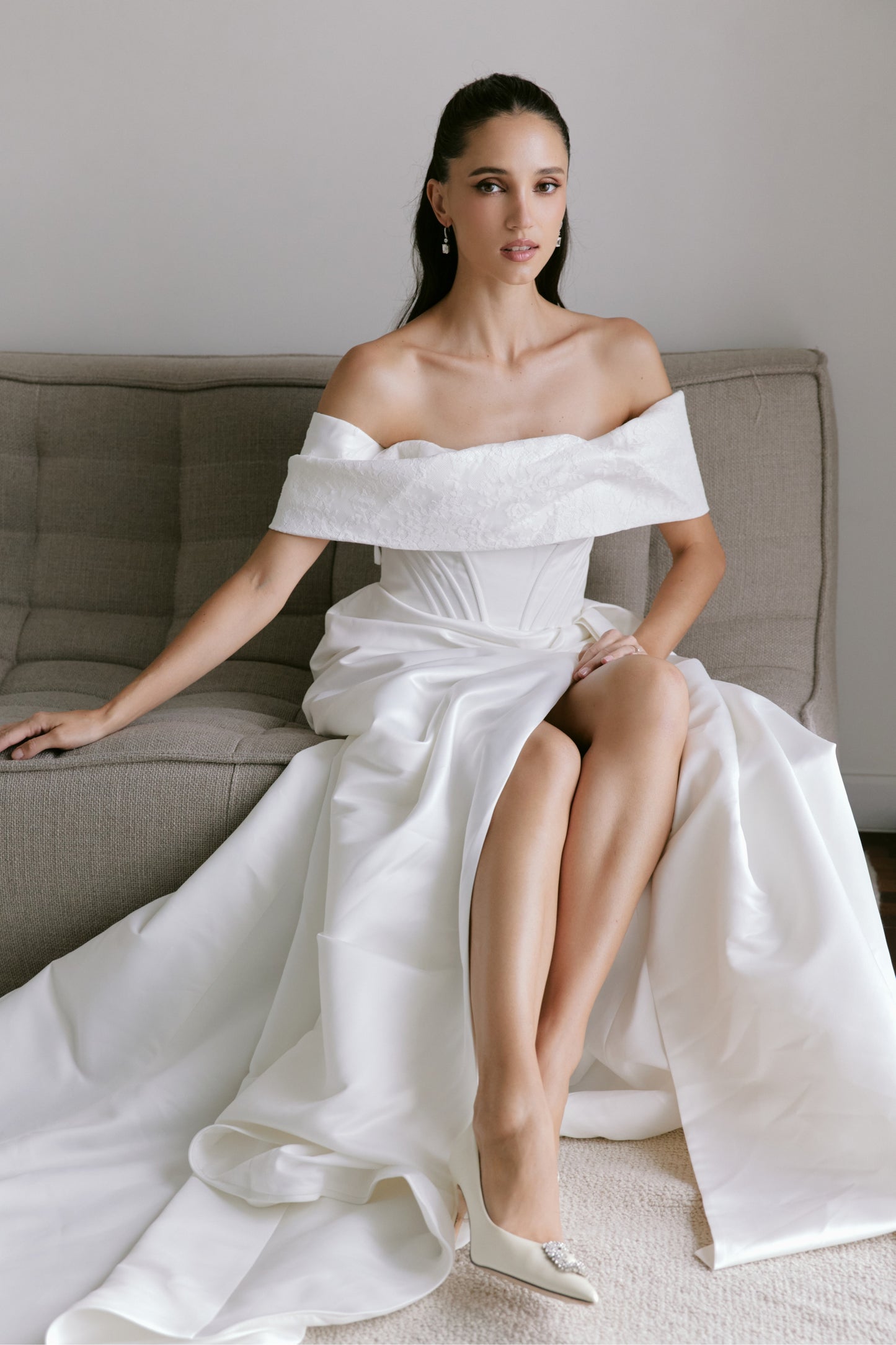 Off-the-Shoulder Satin A-Line Wedding Gown | Briderful