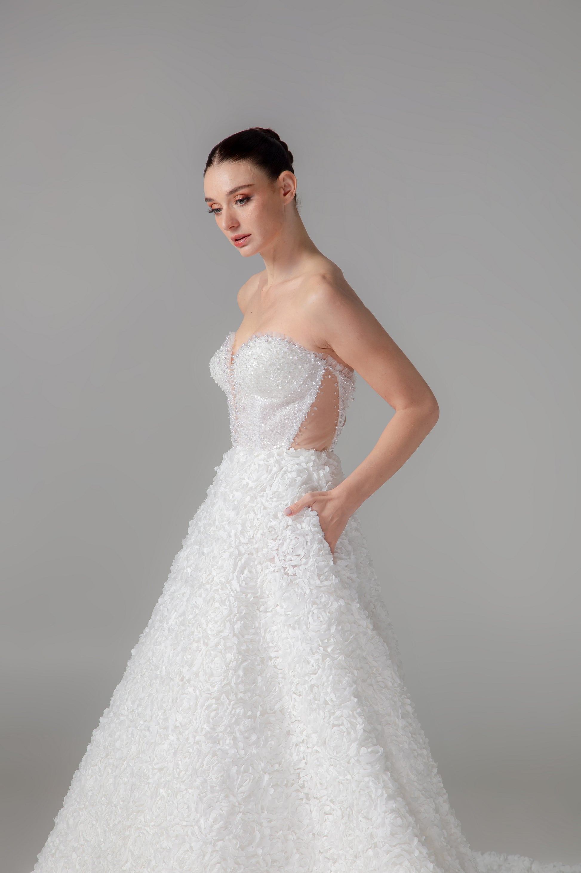 Handcrafted Floral Ball Gown with Cathedral Train & Pockets | Briderful - side detail