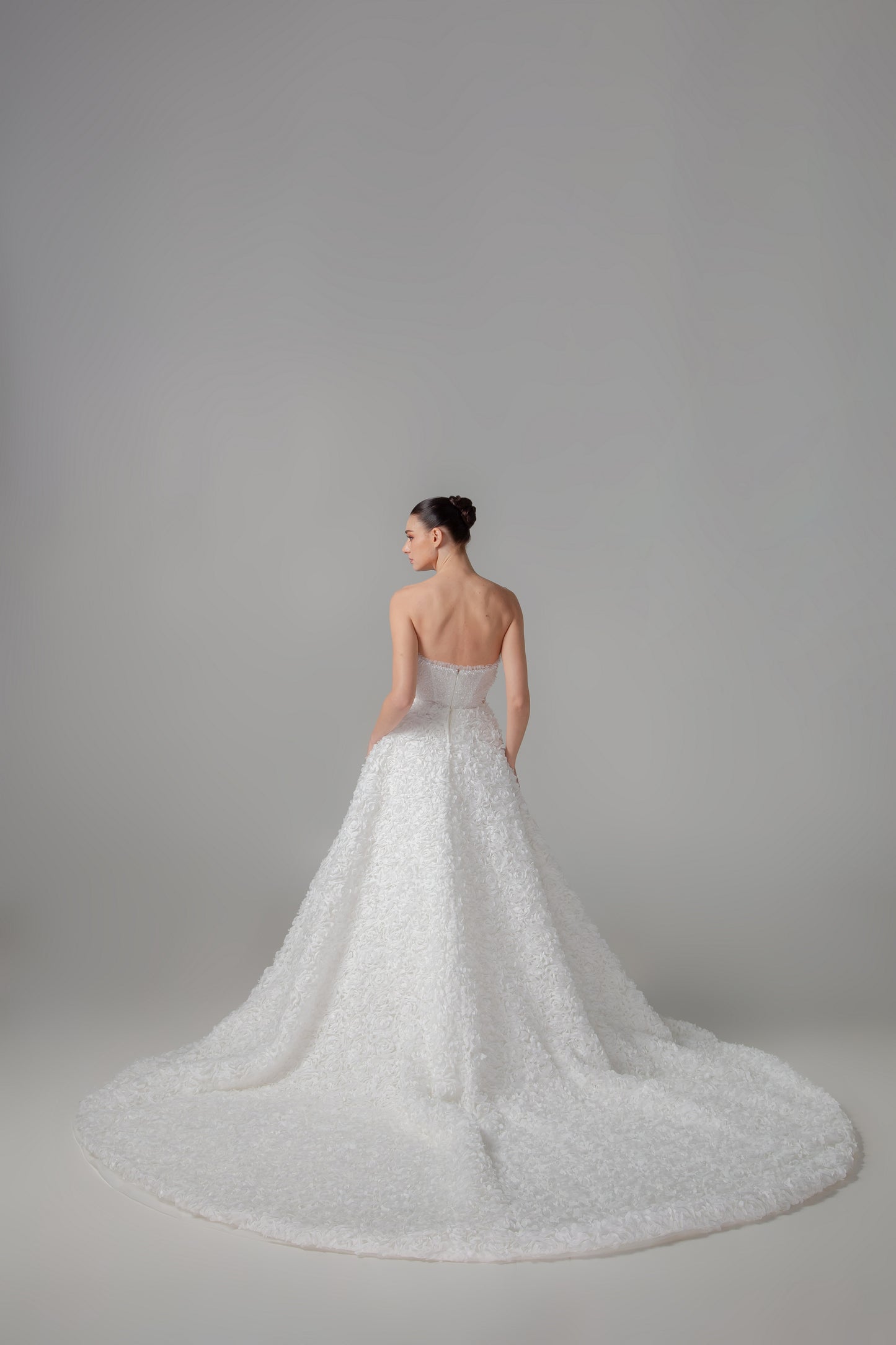 Handcrafted Floral Ball Gown with Cathedral Train & Pockets | Briderful - back detail