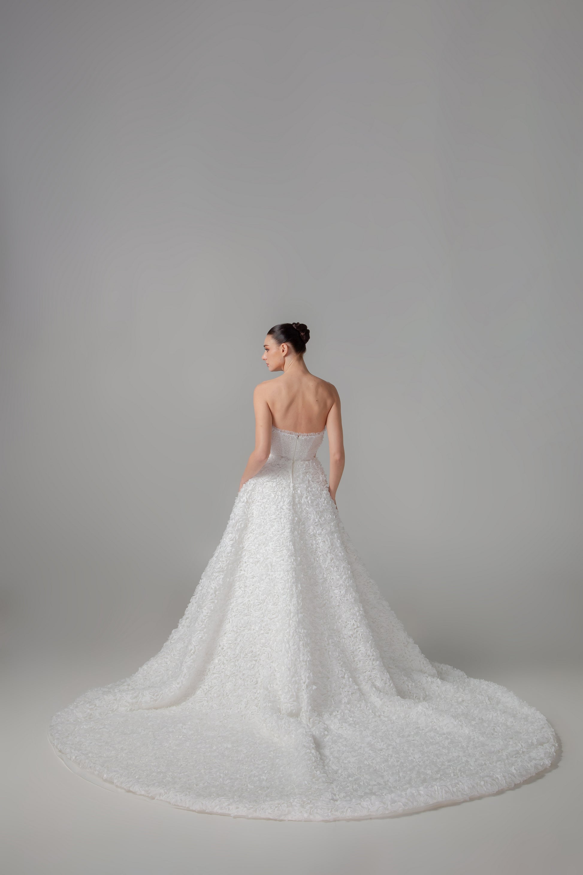 Handcrafted Floral Ball Gown with Cathedral Train & Pockets | Briderful - back detail