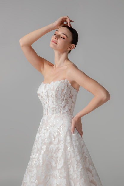 Champagne 3D Hibiscus Floral Ball Gown with Cathedral Train | Briderful - side